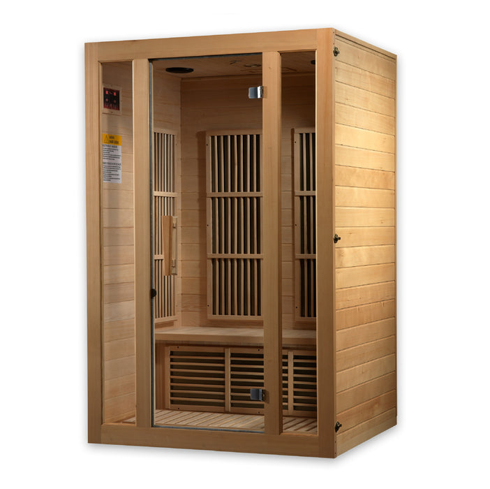 2-person infrared sauna, natural hemlock wood, exterior 48" W x 42" D x 75" H, interior 44" W x 38" D x 68" H. Includes tempered glass door, two side windows, chromotherapy lighting with Red Light Therapy (2024 models), six low-EMF Carbon Tech heating panels, foot reflexology heater, roof vent, LED control panel, Bluetooth and MP3 Aux with two speakers, and clasp-together assembly. Requires 120V/15amp; sauna weight 275 lbs, shipping weight 415 lbs.