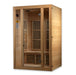 2-person infrared sauna, natural hemlock wood, exterior 48" W x 42" D x 75" H, interior 44" W x 38" D x 68" H. Includes tempered glass door, two side windows, chromotherapy lighting with Red Light Therapy (2024 models), six low-EMF Carbon Tech heating panels, foot reflexology heater, roof vent, LED control panel, Bluetooth and MP3 Aux with two speakers, and clasp-together assembly. Requires 120V/15amp; sauna weight 275 lbs, shipping weight 415 lbs.