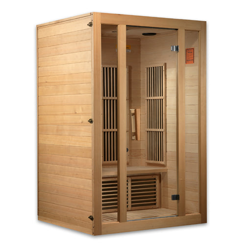 2-person infrared sauna, natural hemlock wood, exterior 48" W x 42" D x 75" H, interior 44" W x 38" D x 68" H. Includes tempered glass door, two side windows, chromotherapy lighting with Red Light Therapy (2024 models), six low-EMF Carbon Tech heating panels, foot reflexology heater, roof vent, LED control panel, Bluetooth and MP3 Aux with two speakers, and clasp-together assembly. Requires 120V/15amp; sauna weight 275 lbs, shipping weight 415 lbs.