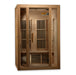 2-person infrared sauna, natural hemlock wood, exterior 48" W x 42" D x 75" H, interior 44" W x 38" D x 68" H. Includes tempered glass door, two side windows, chromotherapy lighting with Red Light Therapy (2024 models), six low-EMF Carbon Tech heating panels, foot reflexology heater, roof vent, LED control panel, Bluetooth and MP3 Aux with two speakers, and clasp-together assembly. Requires 120V/15amp; sauna weight 275 lbs, shipping weight 415 lbs.