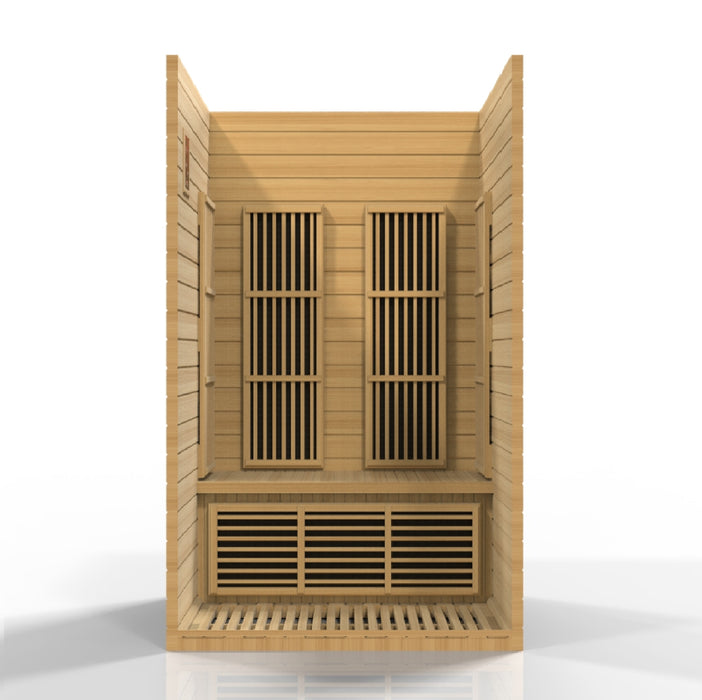 2-person infrared sauna, natural hemlock wood, exterior 48" W x 42" D x 75" H, interior 44" W x 38" D x 68" H. Includes tempered glass door, two side windows, chromotherapy lighting with Red Light Therapy (2024 models), six low-EMF Carbon Tech heating panels, foot reflexology heater, roof vent, LED control panel, Bluetooth and MP3 Aux with two speakers, and clasp-together assembly. Requires 120V/15amp; sauna weight 275 lbs, shipping weight 415 lbs.