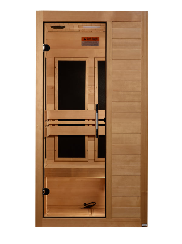 Maxxus S-Line 1-person low EMF FAR infrared indoor sauna in natural hemlock