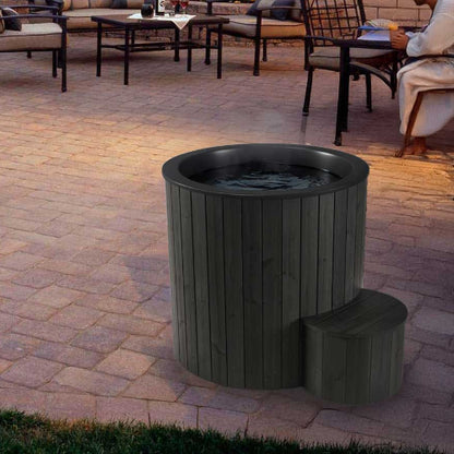 SaunaLife Model S1B black immersion tub - patio lifestyle