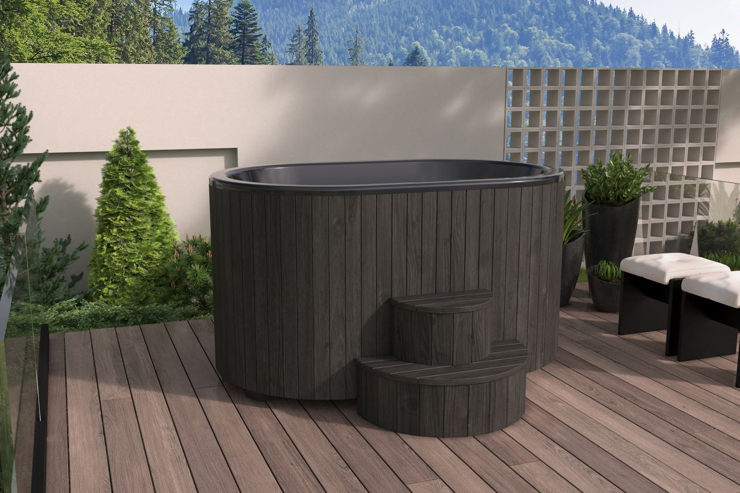 SaunaLife Model S2B black immersion tub - deck lifestyle