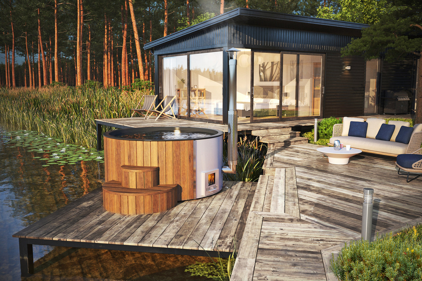 SaunaLife SOAK-Series Model S4N Traditional Outdoor Wood-Fired Hot Tub – Thermo-Spruce, Fiberglass, 6 Person