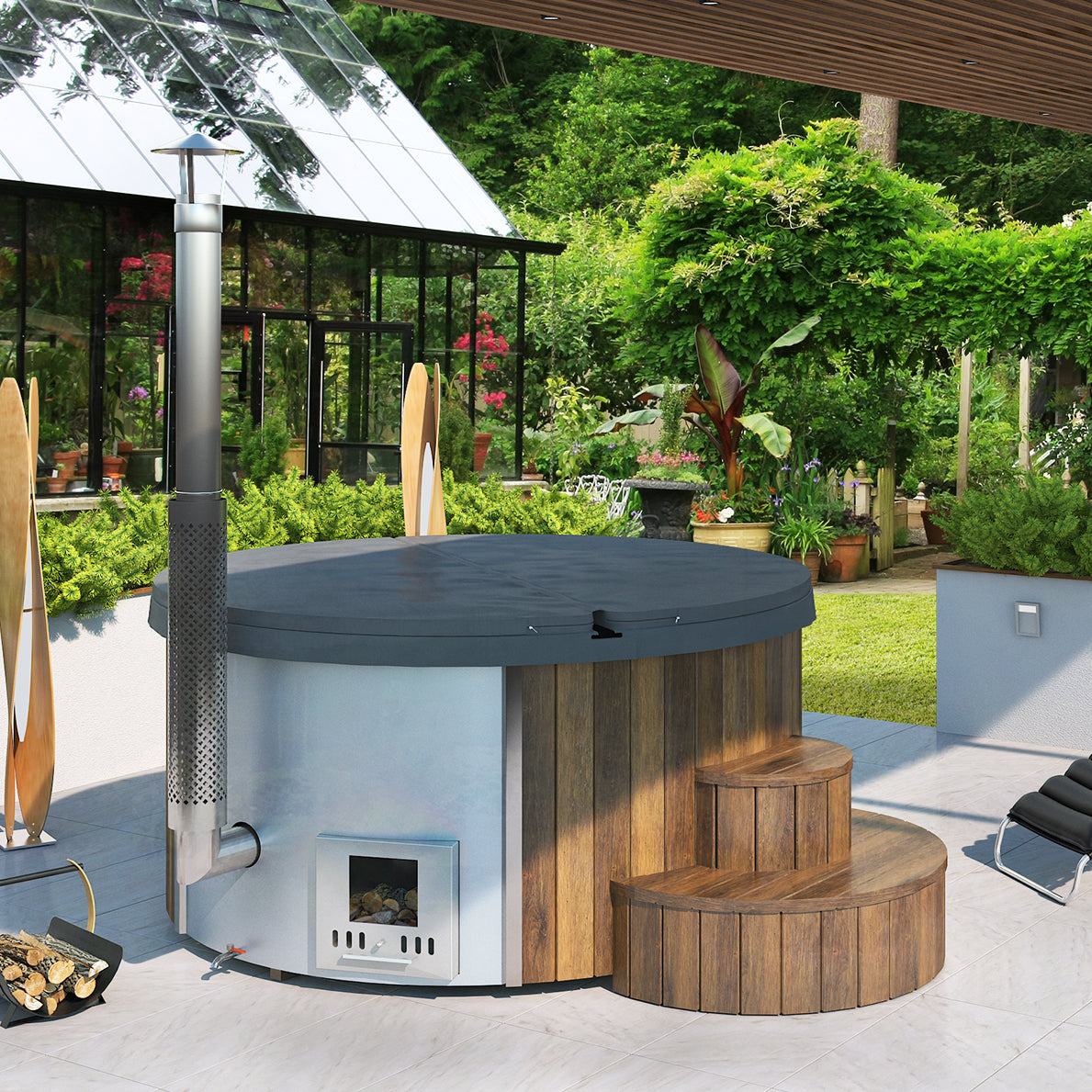 SaunaLife SOAK-Series Model S4N Traditional Outdoor Wood-Fired Hot Tub – Thermo-Spruce, Fiberglass, 6 Person