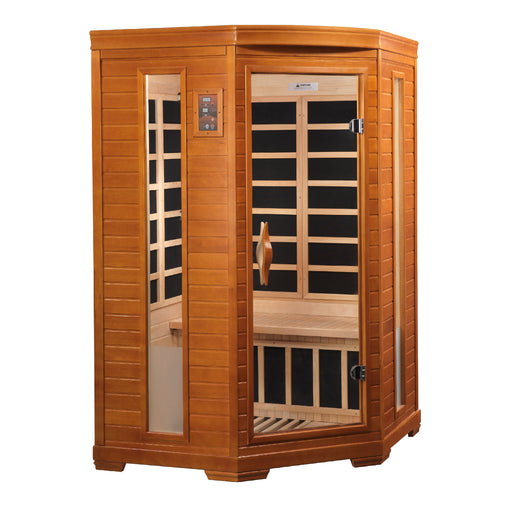 Sanua_and_Plunge_Direct
Heming Edition Ultra Low EMF Far Infrared Indoor Sauna (DYN-6225-02 Elite) for two-person use, made with natural hemlock wood. Features include 7 Carbon PureTech™ Ultra Low EMF heat emitters, FM radio with Bluetooth/MP3 connection, LED control panels, tempered glass door, interior chromotherapy lighting, and roof vent. Dimensions: exterior 49"x48"x76", interior 43"x45"x68". Assembly: clasp together. Electrical: 120V/15amp. Weight: 345 lbs. Shipping weight: 420 lbs., ships in 3 boxes.