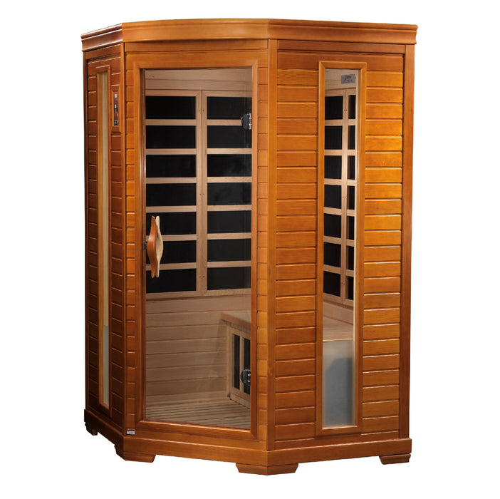 Sanua_and_Plunge_Direct
Heming Edition Ultra Low EMF Far Infrared Indoor Sauna (DYN-6225-02 Elite) for two-person use, made with natural hemlock wood. Features include 7 Carbon PureTech™ Ultra Low EMF heat emitters, FM radio with Bluetooth/MP3 connection, LED control panels, tempered glass door, interior chromotherapy lighting, and roof vent. Dimensions: exterior 49"x48"x76", interior 43"x45"x68". Assembly: clasp together. Electrical: 120V/15amp. Weight: 345 lbs. Shipping weight: 420 lbs., ships in 3 boxes.