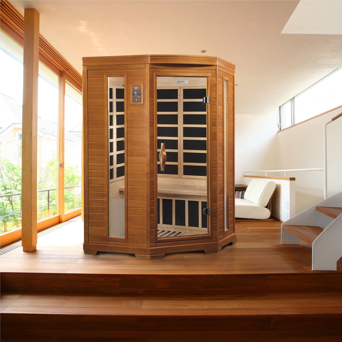 Sanua_and_Plunge_Direct
Heming Edition Ultra Low EMF Far Infrared Indoor Sauna (DYN-6225-02 Elite) for two-person use, made with natural hemlock wood. Features include 7 Carbon PureTech™ Ultra Low EMF heat emitters, FM radio with Bluetooth/MP3 connection, LED control panels, tempered glass door, interior chromotherapy lighting, and roof vent. Dimensions: exterior 49"x48"x76", interior 43"x45"x68". Assembly: clasp together. Electrical: 120V/15amp. Weight: 345 lbs. Shipping weight: 420 lbs., ships in 3 boxes.