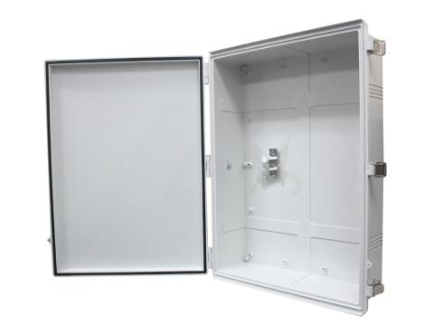 White weatherproof electrical enclosure box shown open and empty