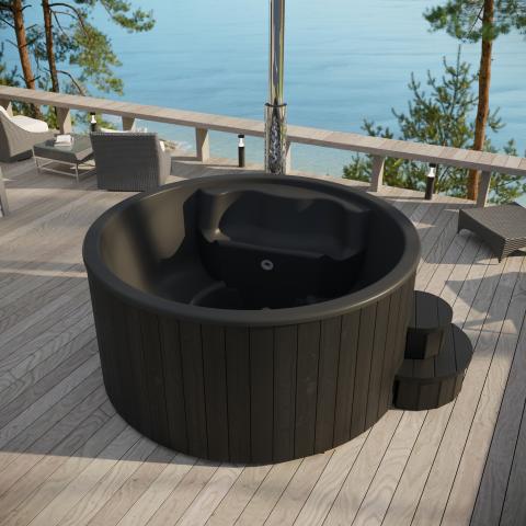 SaunaLife SOAK-Series Model S4B Traditional Outdoor Wood-Fired Hot Tub – Thermo-Spruce, Black Fiberglass, 6 Person