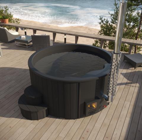 SaunaLife SOAK-Series Model S4B Traditional Outdoor Wood-Fired Hot Tub – Thermo-Spruce, Black Fiberglass, 6 Person