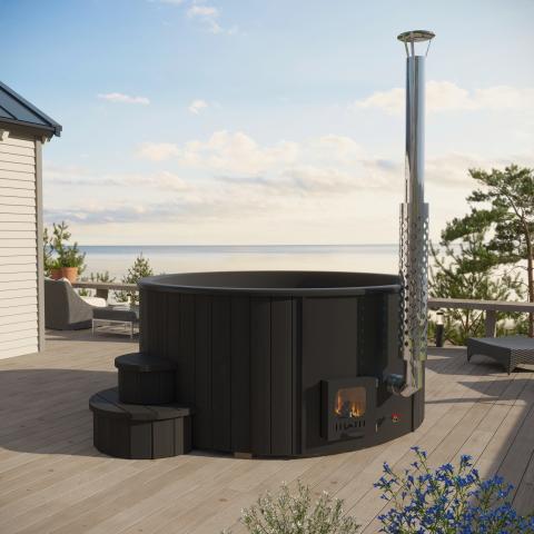 SaunaLife SOAK-Series Model S4B Traditional Outdoor Wood-Fired Hot Tub – Thermo-Spruce, Black Fiberglass, 6 Person