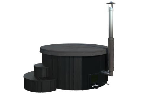 SaunaLife SOAK-Series Model S4B Traditional Outdoor Wood-Fired Hot Tub – Thermo-Spruce, Black Fiberglass, 6 Person