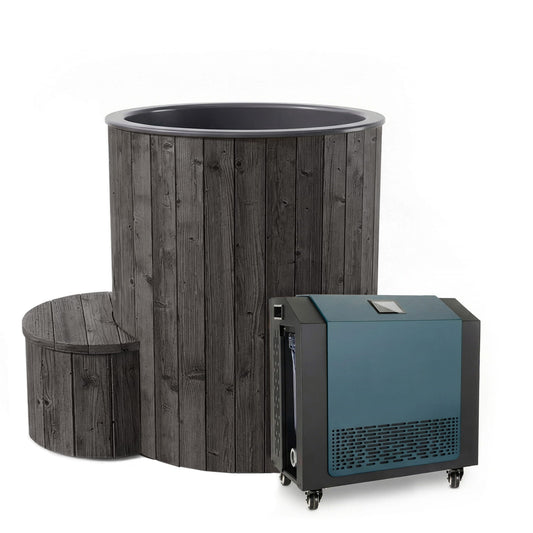 SaunaLife Model S1BC package, black 1-person immersion tub with steps and the FDC-1A chiller and heater