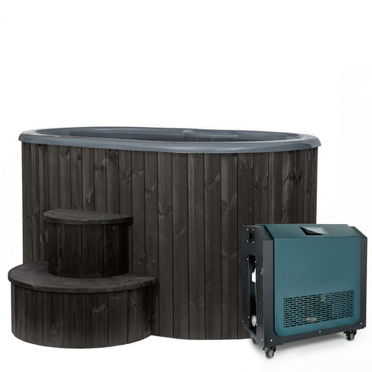 SaunaLife Model S2BC package, black Thermo-Pine 2-person immersion tub with steps and the AP-1 chiller and heater
