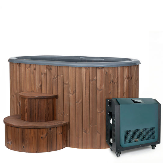 SaunaLife Model S2NC package, natural Thermo-Pine 2-person immersion tub with steps and the AP-1 chiller and heater