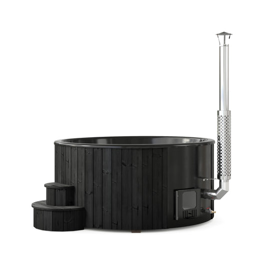 SaunaLife SOAK-Series Model S6B wood-fired hot tub, black painted spruce exterior with stove, chimney and steps