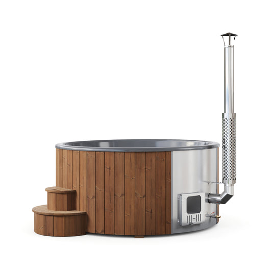 SaunaLife SOAK-Series Model S6N wood-fired hot tub, natural spruce exterior with stainless heater, chimney and steps