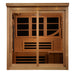 Sauna_And_Plunge_Direct-Golden Designs Inc-New Model GDI-6996-02.
6-Person Capacity
Exterior: 73" x 61" x 75" (6" roof overhang)
Interior: 68" x 57" x 72"
FM/CD radio, MP3, 4 speakers, 15” LCD monitor/DVD (smart screen needs Firestick)
Lighting: Chromotherapy + Red Light (2024 feature), exterior accent lighting
 LED panel,
 Hemlock wood (natural finish)
 2x 20-amp outlets/breakers (electrician recommended)
 16 Carbon PureTech™ Near 
Zero EMF panels
 Tempered glass door, roof vent
Weight: 750 lbs