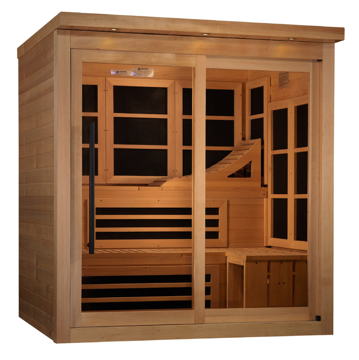 Sauna_And_Plunge_Direct-Golden Designs Inc-New Model GDI-6996-02.
6-Person Capacity
Exterior: 73" x 61" x 75" (6" roof overhang)
Interior: 68" x 57" x 72"
FM/CD radio, MP3, 4 speakers, 15” LCD monitor/DVD (smart screen needs Firestick)
Lighting: Chromotherapy + Red Light (2024 feature), exterior accent lighting
 LED panel,
 Hemlock wood (natural finish)
 2x 20-amp outlets/breakers (electrician recommended)
 16 Carbon PureTech™ Near 
Zero EMF panels
 Tempered glass door, roof vent
Weight: 750 lbs