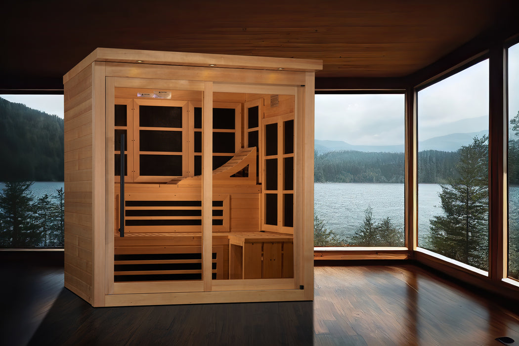 Sauna_And_Plunge_Direct-Golden Designs Inc-New Model GDI-6996-02.
6-Person Capacity
Exterior: 73" x 61" x 75" (6" roof overhang)
Interior: 68" x 57" x 72"
FM/CD radio, MP3, 4 speakers, 15” LCD monitor/DVD (smart screen needs Firestick)
Lighting: Chromotherapy + Red Light (2024 feature), exterior accent lighting
 LED panel,
 Hemlock wood (natural finish)
 2x 20-amp outlets/breakers (electrician recommended)
 16 Carbon PureTech™ Near 
Zero EMF panels
 Tempered glass door, roof vent
Weight: 750 lbs