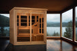 Sauna_And_Plunge_Direct-Golden Designs Inc-New Model GDI-6996-02.
6-Person Capacity
Exterior: 73" x 61" x 75" (6" roof overhang)
Interior: 68" x 57" x 72"
FM/CD radio, MP3, 4 speakers, 15” LCD monitor/DVD (smart screen needs Firestick)
Lighting: Chromotherapy + Red Light (2024 feature), exterior accent lighting
 LED panel,
 Hemlock wood (natural finish)
 2x 20-amp outlets/breakers (electrician recommended)
 16 Carbon PureTech™ Near 
Zero EMF panels
 Tempered glass door, roof vent
Weight: 750 lbs