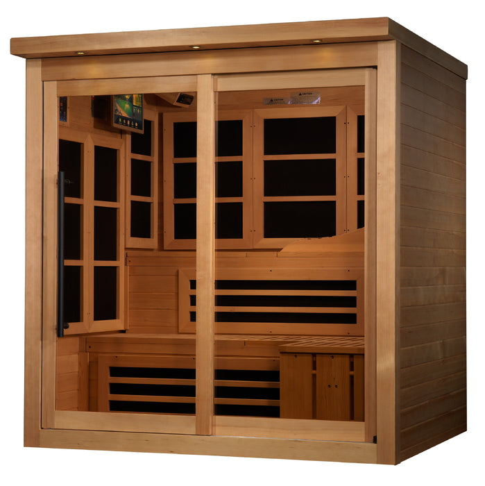 Sauna_And_Plunge_Direct-Golden Designs Inc-New Model GDI-6996-02.
6-Person Capacity
Exterior: 73" x 61" x 75" (6" roof overhang)
Interior: 68" x 57" x 72"
FM/CD radio, MP3, 4 speakers, 15” LCD monitor/DVD (smart screen needs Firestick)
Lighting: Chromotherapy + Red Light (2024 feature), exterior accent lighting
 LED panel,
 Hemlock wood (natural finish)
 2x 20-amp outlets/breakers (electrician recommended)
 16 Carbon PureTech™ Near 
Zero EMF panels
 Tempered glass door, roof vent
Weight: 750 lbs
