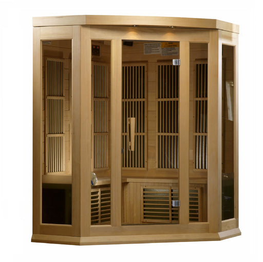 Sauna And Plunge Direct - Golden Designs Inc. MX-K356-01 Maxxus Low EMF FAR Infrared Sauna Canadian Hemlock.
2025 Reserve Edition GDI-8035-03 Full Spectrum 3-person sauna with Himalayan Salt Bar. Features natural hemlock wood, tempered glass door, chromotherapy lighting, red light therapy, and low EMF heat emitters. Includes roof vent, LED control panel, Bluetooth/FM/MP3 radio, and easy assembly. A luxurious relaxation experience.