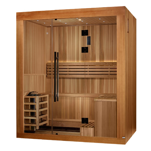 3-person sauna with a natural Canadian Red Cedar interior and clear-stained Cedar exterior. Features galaxy star ceiling lighting, accent-lit backrest, reading lamp, and LED control panel with FM and Bluetooth. Includes built-in speakers, tempered glass panels with door, sandglass, bucket, scoop, and stainless steel hardware. Equipped with an 8KW Harvia traditional stove. Exterior dimensions: 79″ x 59″ x 83″; interior dimensions: 74″ x 51″ x 78″. Model ships in seven boxes.