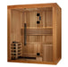 3-person sauna with a natural Canadian Red Cedar interior and clear-stained Cedar exterior. Features galaxy star ceiling lighting, accent-lit backrest, reading lamp, and LED control panel with FM and Bluetooth. Includes built-in speakers, tempered glass panels with door, sandglass, bucket, scoop, and stainless steel hardware. Equipped with an 8KW Harvia traditional stove. Exterior dimensions: 79″ x 59″ x 83″; interior dimensions: 74″ x 51″ x 78″. Model ships in seven boxes.