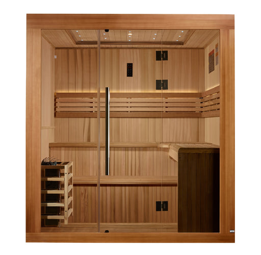  Six-person sauna with Canadian Red Cedar interior and clear-stained Cedar exterior. Features galaxy star ceiling lighting, accent-lit backrest, reading lamp, and LED control panel with FM and Bluetooth. Includes performance speakers, tempered glass panels with door, sandglass, bucket, and scoop. Equipped with Harvia 8KW stove and stainless steel hardware. Exterior: 79″ x 72″ x 83″; interior: 74″ x 67″ x 78″. Model: GDI-7689-02.