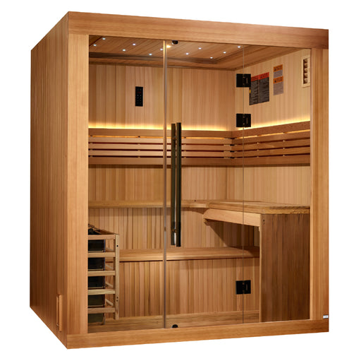 Sauna & Plunge Direct-Golden Designs  "Osla" Edition Indoor Traditional Saun Six-person sauna with Canadian Red Cedar interior and clear-stained Cedar exterior. Features galaxy star ceiling lighting, accent-lit backrest, reading lamp, and LED control panel with FM and Bluetooth. Includes performance speakers, tempered glass panels with door, sandglass, bucket, and scoop. Equipped with Harvia 8KW stove and stainless steel hardware. Exterior: 79″ x 72″ x 83″; interior: 74″ x 67″ x 78″. Model: GDI-7689-02.