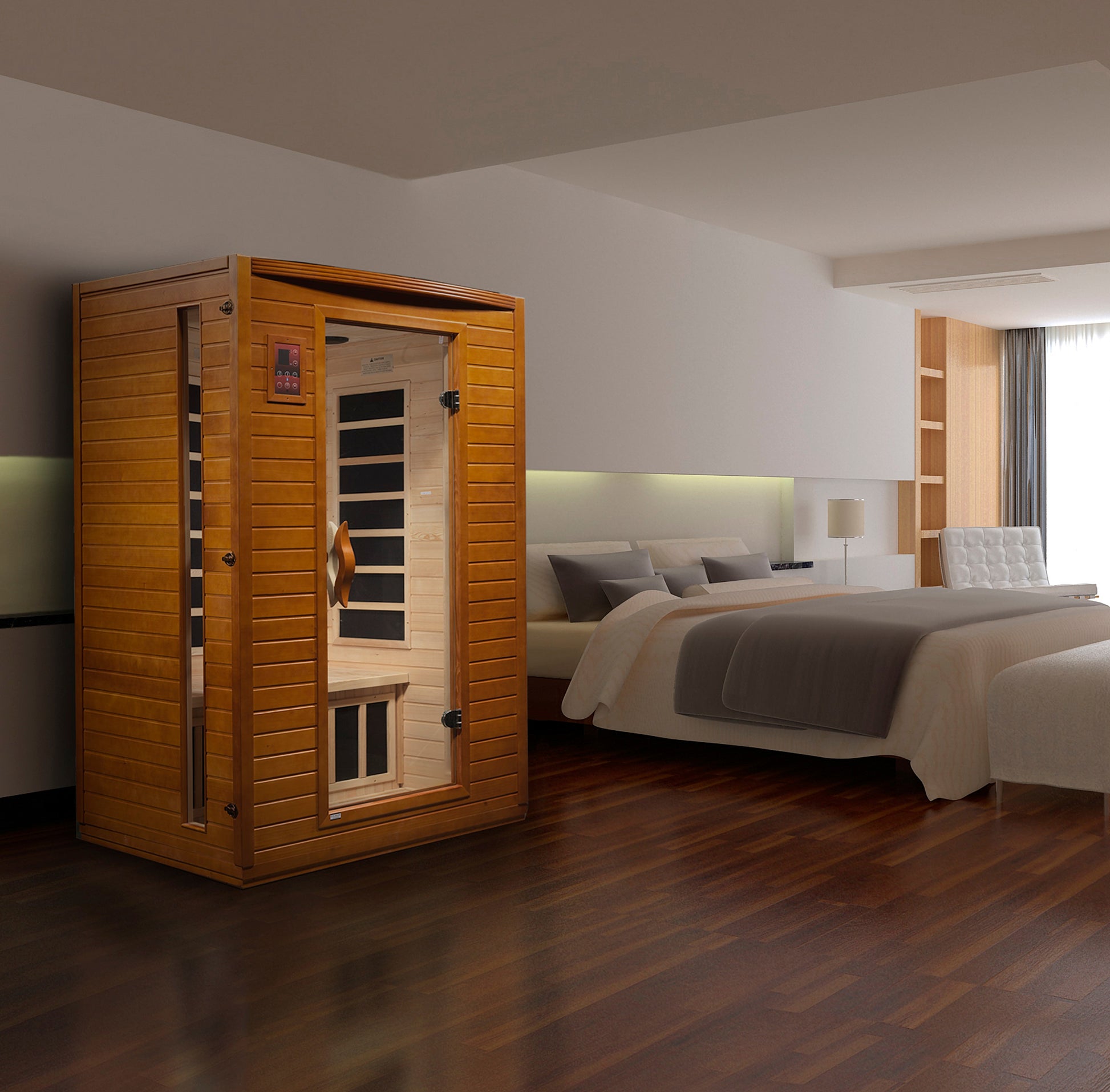 Sauna Plunge Direct-Golden Designs Inc-DYN-6202-03 Dynamic Low EMF Far Infrared Sauna, Versailles Edition
 2-person sauna with natural hemlock wood construction, Bluetooth music system, and chromotherapy lighting. Features include 6 carbon low EMF heat emitters, tempered glass door, and LED control panels. Exterior dimensions: 47" x 42" x 75". Easy clasp-together assembly, sauna weight: 335 lbs, shipping weight: 365 lbs, ships in 2 boxes.