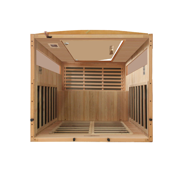 Sauna Plunge Direct-Golden Designs Inc-DYN-6202-03 Dynamic Low EMF Far Infrared Sauna, Versailles Edition
 2-person sauna with natural hemlock wood construction, Bluetooth music system, and chromotherapy lighting. Features include 6 carbon low EMF heat emitters, tempered glass door, and LED control panels. Exterior dimensions: 47" x 42" x 75". Easy clasp-together assembly, sauna weight: 335 lbs, shipping weight: 365 lbs, ships in 2 boxes.
