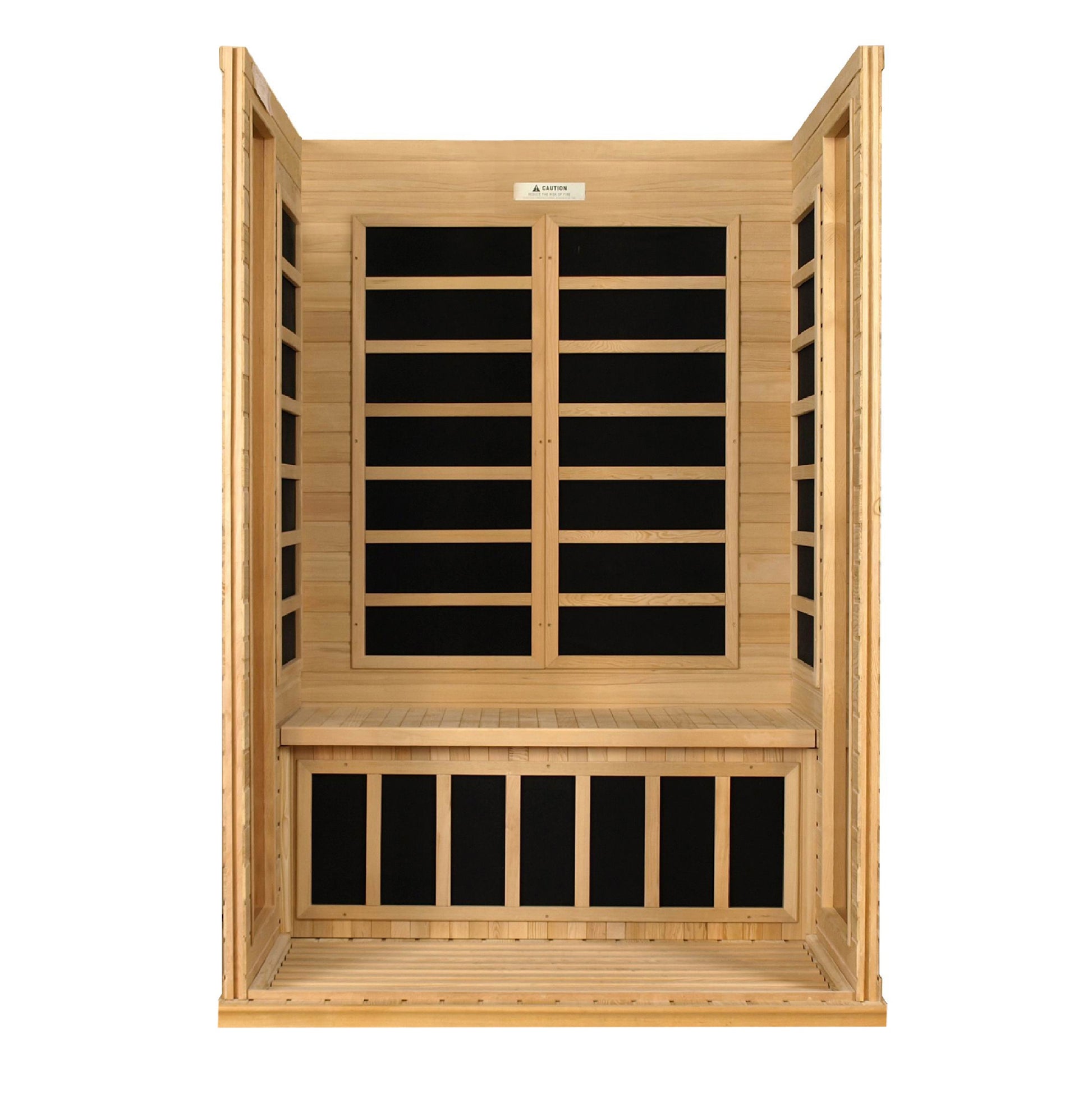 Sauna Plunge Direct-Golden Designs Inc-DYN-6202-03 Dynamic Low EMF Far Infrared Sauna, Versailles Edition
 2-person sauna with natural hemlock wood construction, Bluetooth music system, and chromotherapy lighting. Features include 6 carbon low EMF heat emitters, tempered glass door, and LED control panels. Exterior dimensions: 47" x 42" x 75". Easy clasp-together assembly, sauna weight: 335 lbs, shipping weight: 365 lbs, ships in 2 boxes.
