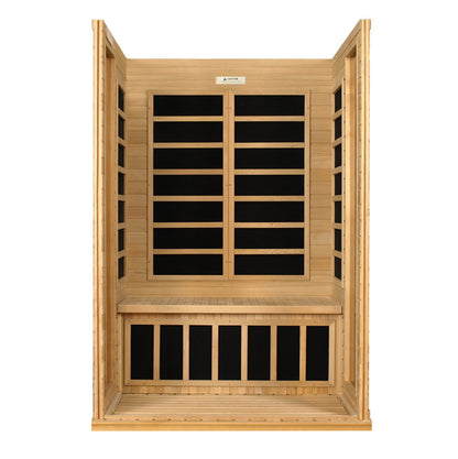 Sauna Plunge Direct-Golden Designs Inc-DYN-6202-03 Dynamic Low EMF Far Infrared Sauna, Versailles Edition
 2-person sauna with natural hemlock wood construction, Bluetooth music system, and chromotherapy lighting. Features include 6 carbon low EMF heat emitters, tempered glass door, and LED control panels. Exterior dimensions: 47" x 42" x 75". Easy clasp-together assembly, sauna weight: 335 lbs, shipping weight: 365 lbs, ships in 2 boxes.