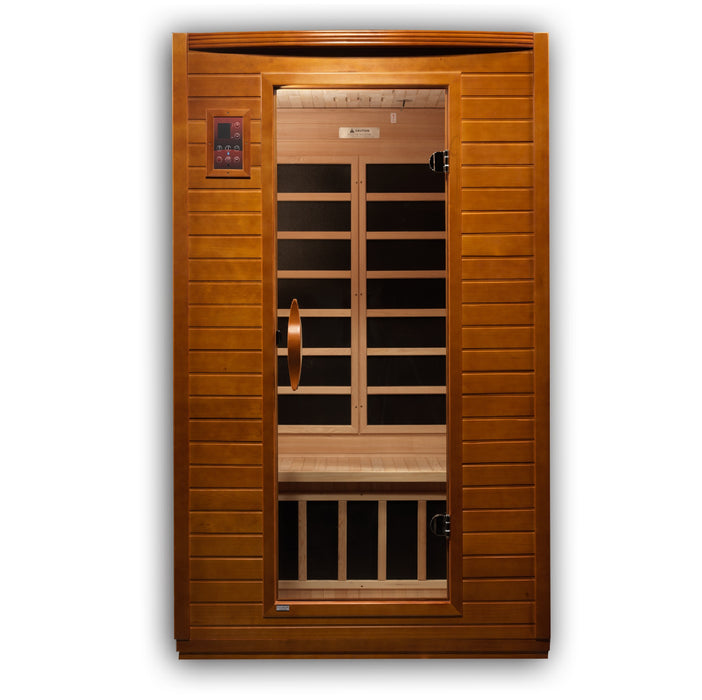 Sauna Plunge Direct-Golden Designs Inc-DYN-6202-03 Dynamic Low EMF Far Infrared Sauna, Versailles Edition
 2-person sauna with natural hemlock wood construction, Bluetooth music system, and chromotherapy lighting. Features include 6 carbon low EMF heat emitters, tempered glass door, and LED control panels. Exterior dimensions: 47" x 42" x 75". Easy clasp-together assembly, sauna weight: 335 lbs, shipping weight: 365 lbs, ships in 2 boxes.