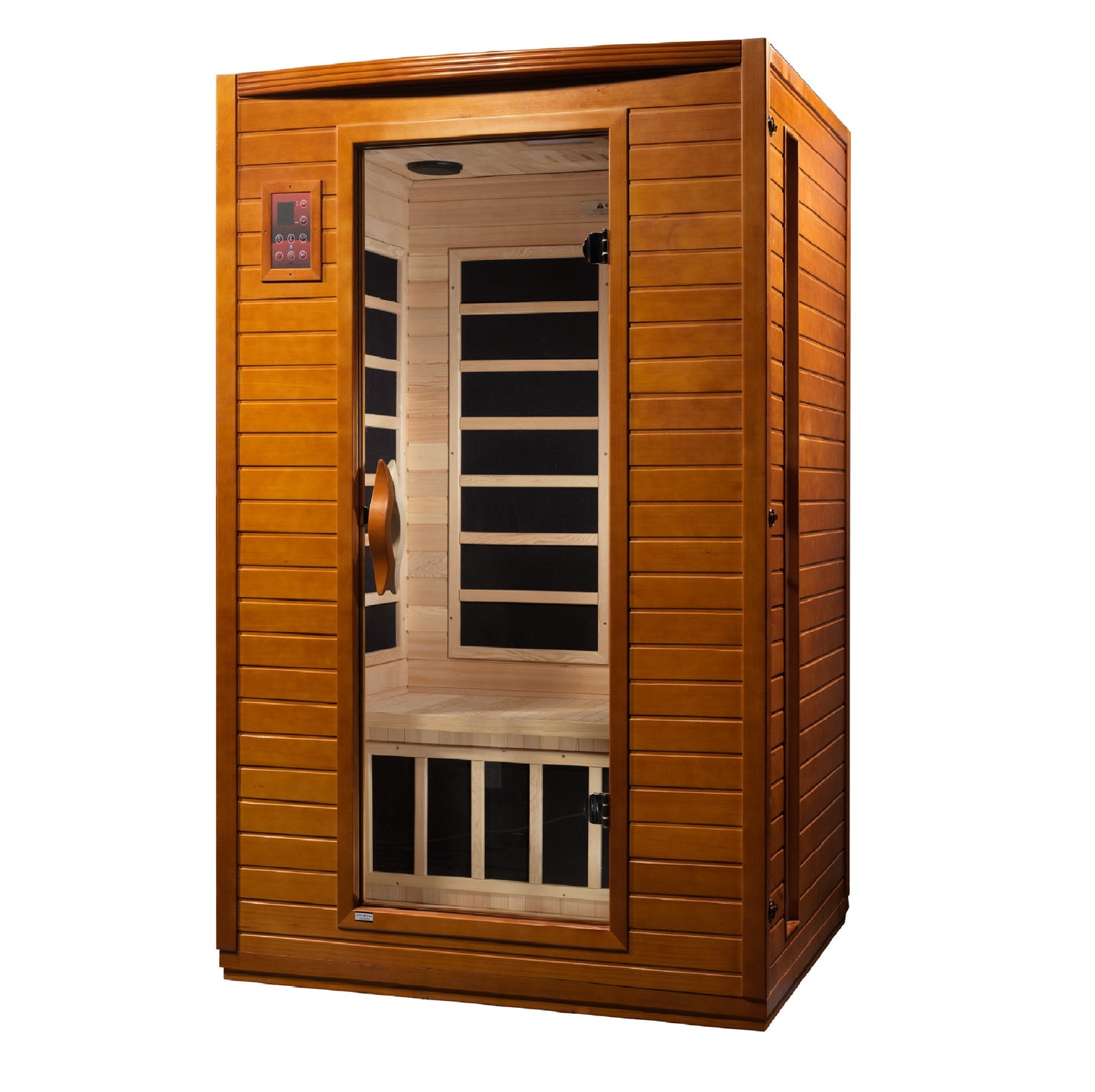 Sauna Plunge Direct-Golden Designs Inc-DYN-6202-03 Dynamic Low EMF Far Infrared Sauna, Versailles Edition
 2-person sauna with natural hemlock wood construction, Bluetooth music system, and chromotherapy lighting. Features include 6 carbon low EMF heat emitters, tempered glass door, and LED control panels. Exterior dimensions: 47" x 42" x 75". Easy clasp-together assembly, sauna weight: 335 lbs, shipping weight: 365 lbs, ships in 2 boxes.
 