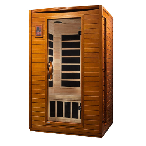 Sauna Plunge Direct-Golden Designs Inc-DYN-6202-03 Dynamic Low EMF Far Infrared Sauna, Versailles Edition
 2-person sauna with natural hemlock wood construction, Bluetooth music system, and chromotherapy lighting. Features include 6 carbon low EMF heat emitters, tempered glass door, and LED control panels. Exterior dimensions: 47" x 42" x 75". Easy clasp-together assembly, sauna weight: 335 lbs, shipping weight: 365 lbs, ships in 2 boxes.
 