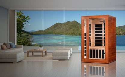 Sauna Plunge Direct-Golden Designs Inc-
DYNAMIC ELITE Cardoba 2 Person Low EMF FAR Infrared Indoor Sauna
2-person sauna DYN-6203-01 with Bluetooth music system, hemlock wood, LED control panel, 7 carbon low EMF heat emitters, tempered glass door, chromotherapy lighting, and roof vent. Sleek minimalist design.