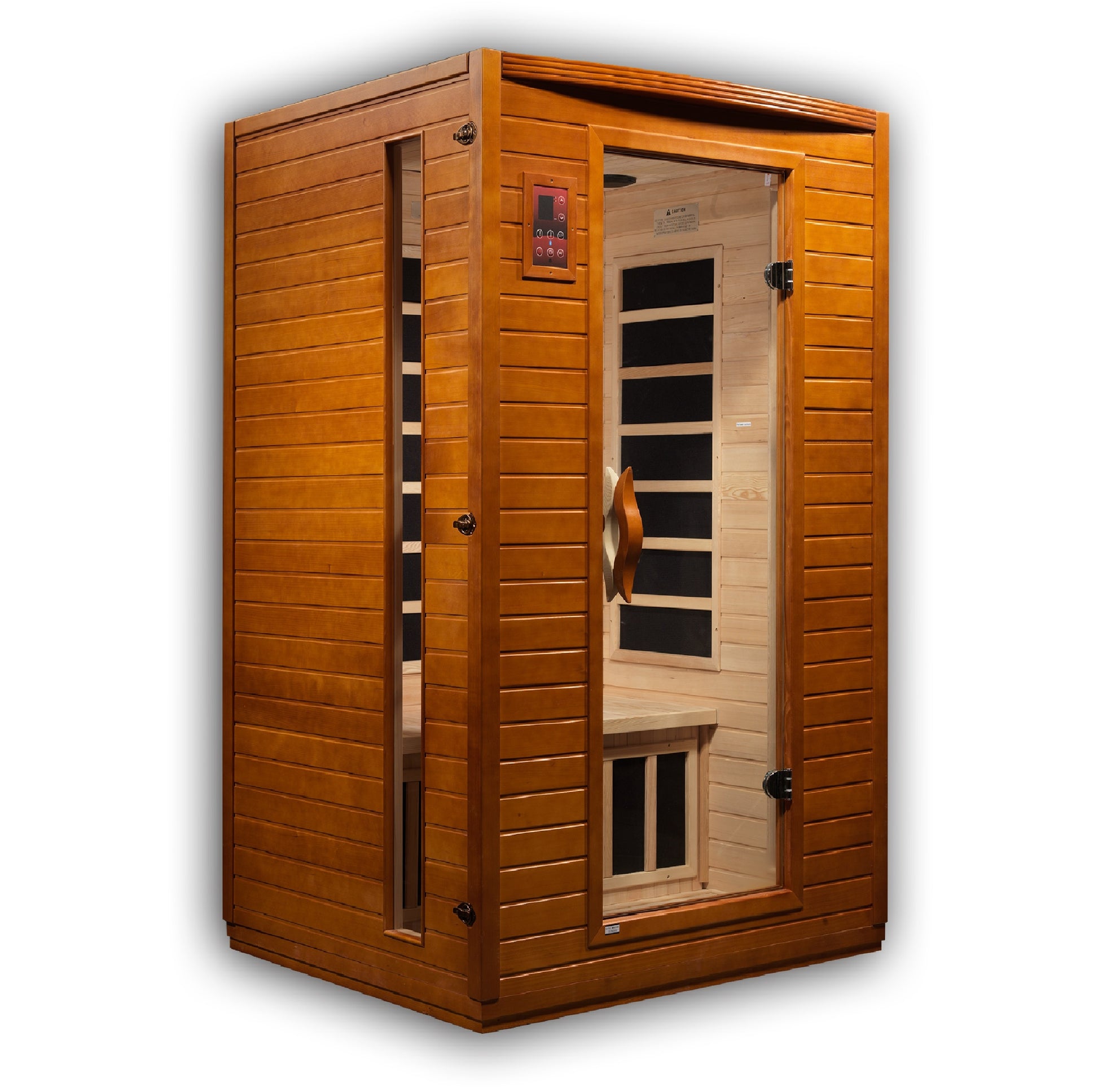 Sauna Plunge Direct-Golden Designs Inc-DYN-6202-03 Dynamic Low EMF Far Infrared Sauna, Versailles Edition
 2-person sauna with natural hemlock wood construction, Bluetooth music system, and chromotherapy lighting. Features include 6 carbon low EMF heat emitters, tempered glass door, and LED control panels. Exterior dimensions: 47" x 42" x 75". Easy clasp-together assembly, sauna weight: 335 lbs, shipping weight: 365 lbs, ships in 2 boxes.