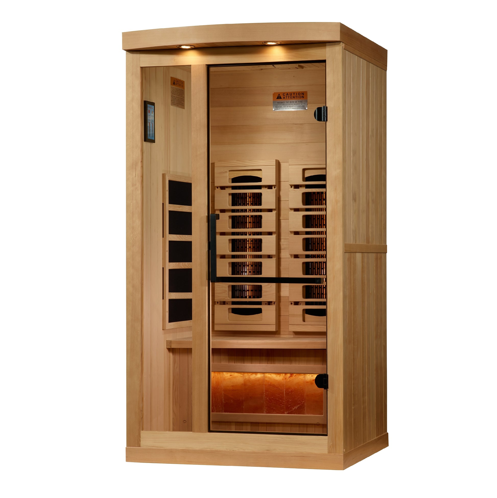 Sauna Plunge Direct Golden Designs Inc.2025 Reserve Edition.1 person compact infrared sauna; exterior 41" W x 37" D x 75" H (add 5" for roof overhang), interior 36" W x 32" D x 68" H. Canadian Hemlock wood, Bluetooth/MP3/FM, touchscreen control, chromotherapy lighting with red light, 3 PureTech™ near-zero EMF panels, 2 near-infrared emitters, Himalayan salt bar under bench, bronze tempered glass door, roof vent, exterior lighting. 120V/15amp; sauna weight 305 lbs, shipping weight 355 lbs, ships in 2 boxes.