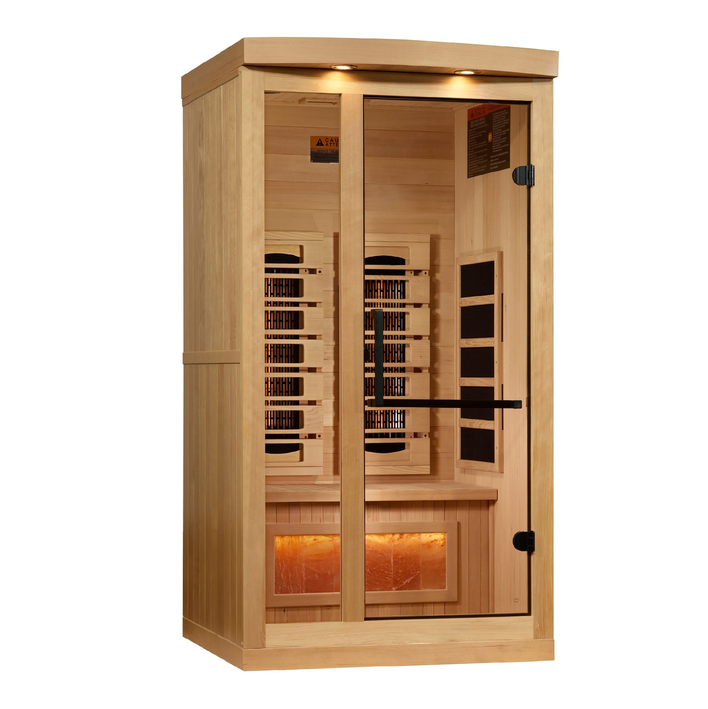 Sauna Plunge Direct Golden Designs Inc.2025 Reserve Edition.1 person compact infrared sauna; exterior 41" W x 37" D x 75" H (add 5" for roof overhang), interior 36" W x 32" D x 68" H. Canadian Hemlock wood, Bluetooth/MP3/FM, touchscreen control, chromotherapy lighting with red light, 3 PureTech™ near-zero EMF panels, 2 near-infrared emitters, Himalayan salt bar under bench, bronze tempered glass door, roof vent, exterior lighting. 120V/15amp; sauna weight 305 lbs, shipping weight 355 lbs, ships in 2 boxes.