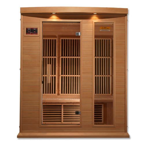  Sauna & Plunge Direct-Golden Designs Inc.-MAXXUS Low EMF FAR Infrared Indoor Sauna.
3-person infrared sauna, exterior 64" W x 44" D x 75" H (add 5.9" for roof overhang), interior 58" W x 39" D x 68" H. Features natural hemlock wood, tempered glass door, two full-length side windows, oversized chromotherapy lighting with Red Light Therapy (2024 models), seven low-EMF Carbon heating panels, roof vent, LED control panels, FM radio with Bluetooth, MP3, SD, and USB connections. Requires 120V/20amp 