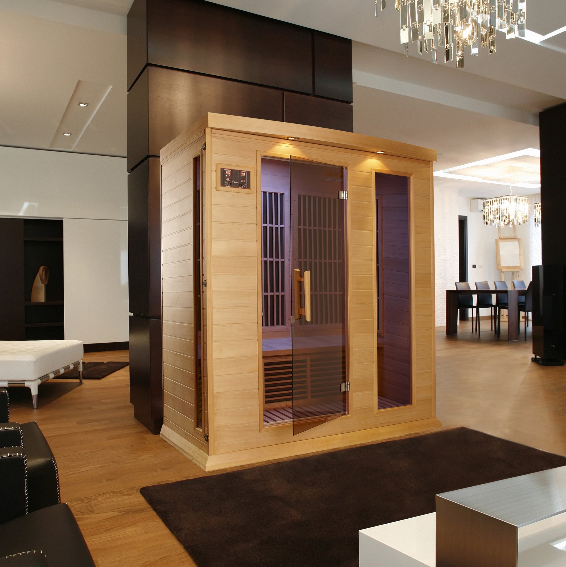  Sauna & Plunge Direct-Golden Designs Inc.-MAXXUS Low EMF FAR Infrared Indoor Sauna.
3-person infrared sauna, exterior 64" W x 44" D x 75" H (add 5.9" for roof overhang), interior 58" W x 39" D x 68" H. Features natural hemlock wood, tempered glass door, two full-length side windows, oversized chromotherapy lighting with Red Light Therapy (2024 models), seven low-EMF Carbon heating panels, roof vent, LED control panels, FM radio with Bluetooth, MP3, SD, and USB connections. Requires 120V/20amp 