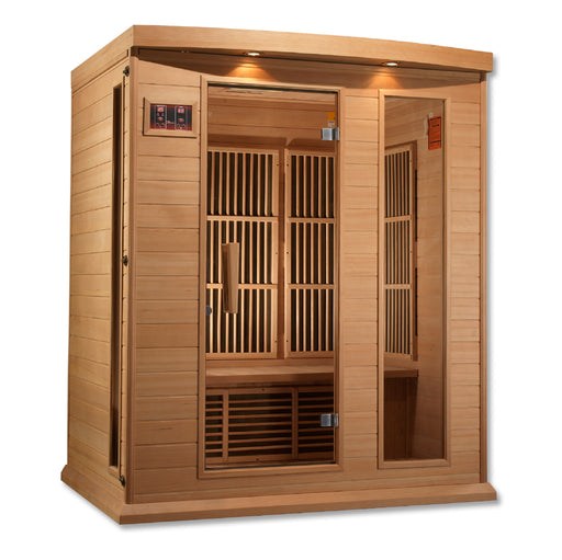  Sauna & Plunge Direct-Golden Designs Inc.-MAXXUS Low EMF FAR Infrared Indoor Sauna.
3-person infrared sauna, exterior 64" W x 44" D x 75" H (add 5.9" for roof overhang), interior 58" W x 39" D x 68" H. Features natural hemlock wood, tempered glass door, two full-length side windows, oversized chromotherapy lighting with Red Light Therapy (2024 models), seven low-EMF Carbon heating panels, roof vent, LED control panels, FM radio with Bluetooth, MP3, SD, and USB connections. Requires 120V/20amp 