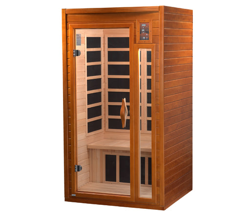 Sauna Plunge Direct-Golden Designs Inc.-DYNAMIC Low EMF-Far Infrared Sauna Barcelona Edition-DYN-6106-01Compact 1-2 person infrared sauna, natural hemlock wood, Bluetooth sound system, LED control panels, 6 low-EMF heating panels, tempered glass door, chromotherapy lighting with Red Light Therapy (2024 models), 120V/15amp, easy assembly.