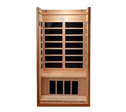 Sauna Plunge Direct-Golden Designs Inc.-DYNAMIC Low EMF-Far Infrared Sauna Barcelona Edition-DYN-6106-01Compact 1-2 person infrared sauna, natural hemlock wood, Bluetooth sound system, LED control panels, 6 low-EMF heating panels, tempered glass door, chromotherapy lighting with Red Light Therapy (2024 models), 120V/15amp, easy assembly.