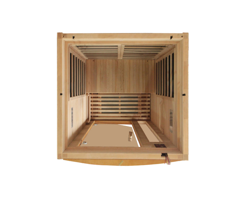 Sauna Plunge Direct-Golden Designs Inc.-DYNAMIC Low EMF-Far Infrared Sauna Barcelona Edition-DYN-6106-01 Compact 1-2 person infrared sauna, natural hemlock wood, Bluetooth sound system, LED control panels, 6 low-EMF heating panels, tempered glass door, chromotherapy lighting with Red Light Therapy (2024 models), 120V/15amp, easy assembly.